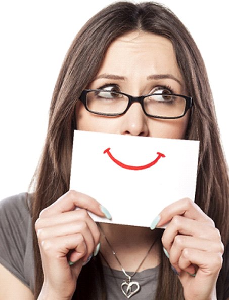 A woman holding a fake smile over her own